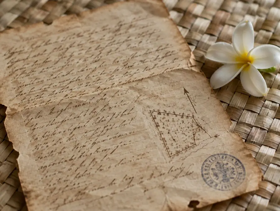 Un vieil acte foncier manuscrit avec le croquis d'une parcelle, posé sur une natte en pandanus près d'une fleur de tiare