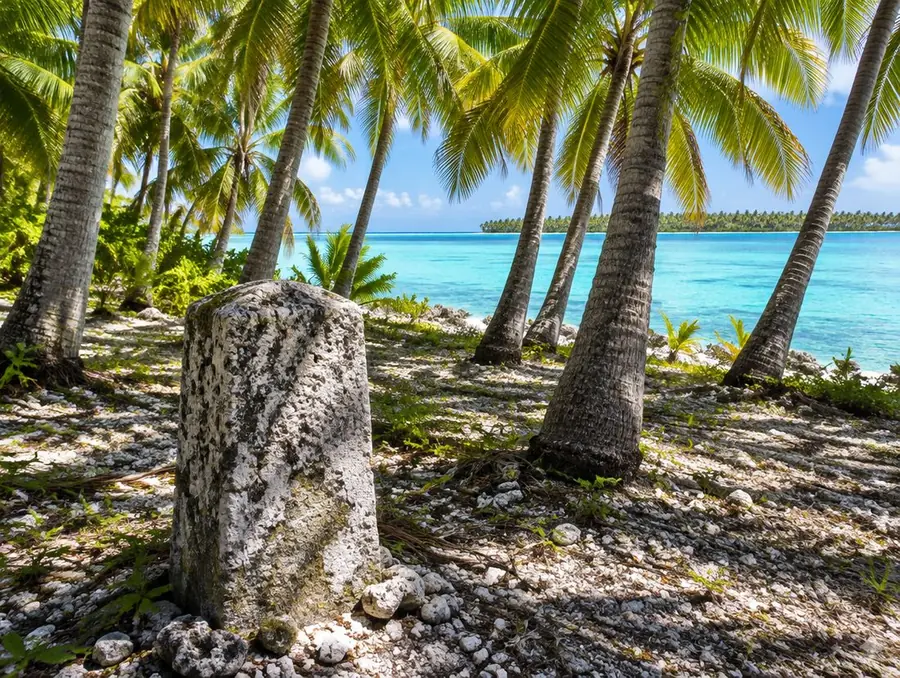 Une borne en pierre de corail au milieu d'une cocoteraie, le lagon turquoise derrière