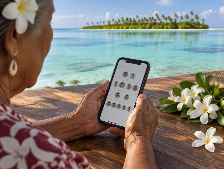 Les mains d'une femme âgée tiennent un téléphone affichant un arbre de famille, devant un lagon et un motu planté de cocotiers